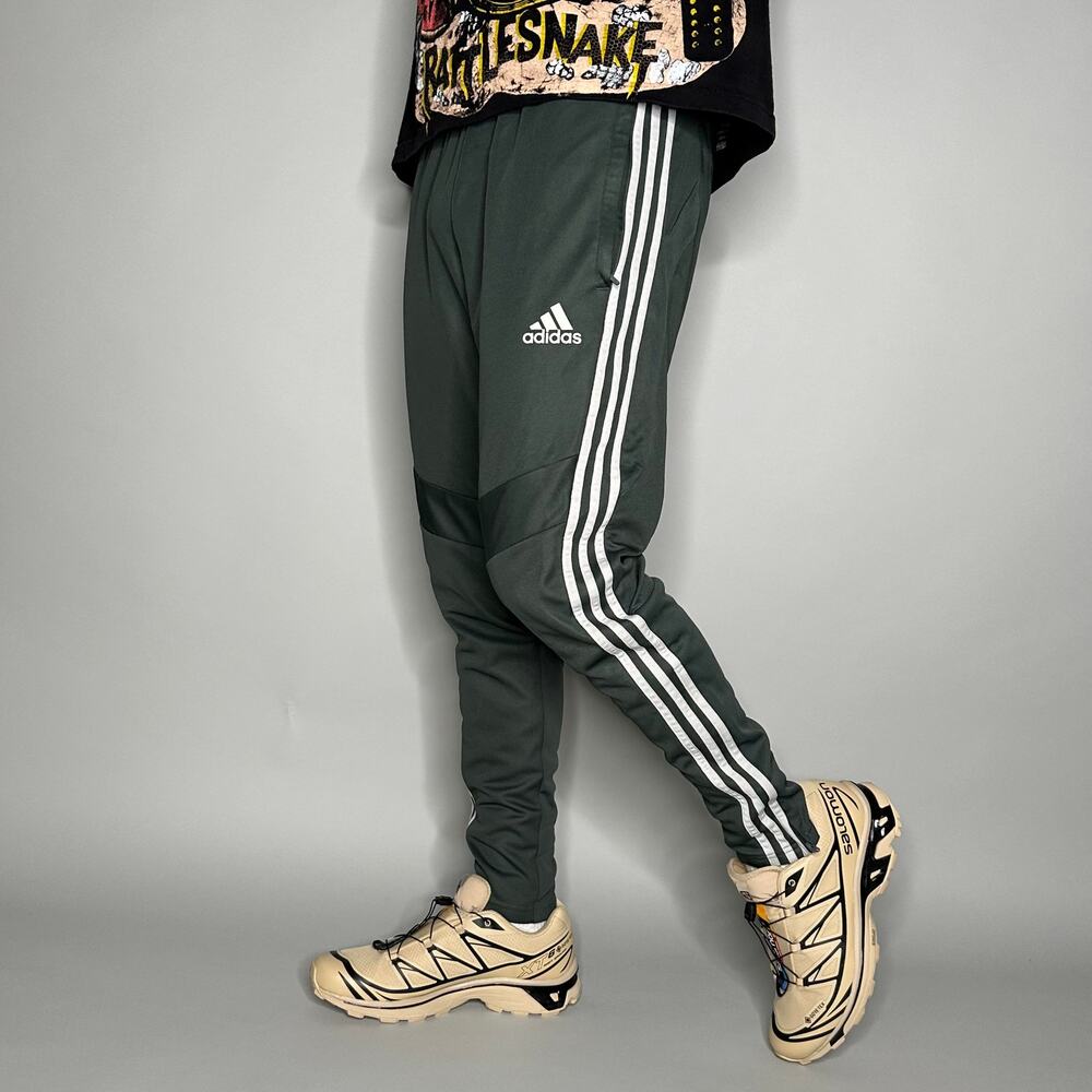 Vintage Y2K Adidas Sweatpants Mens M Slim Fit Olive Green White Stripes Joggers